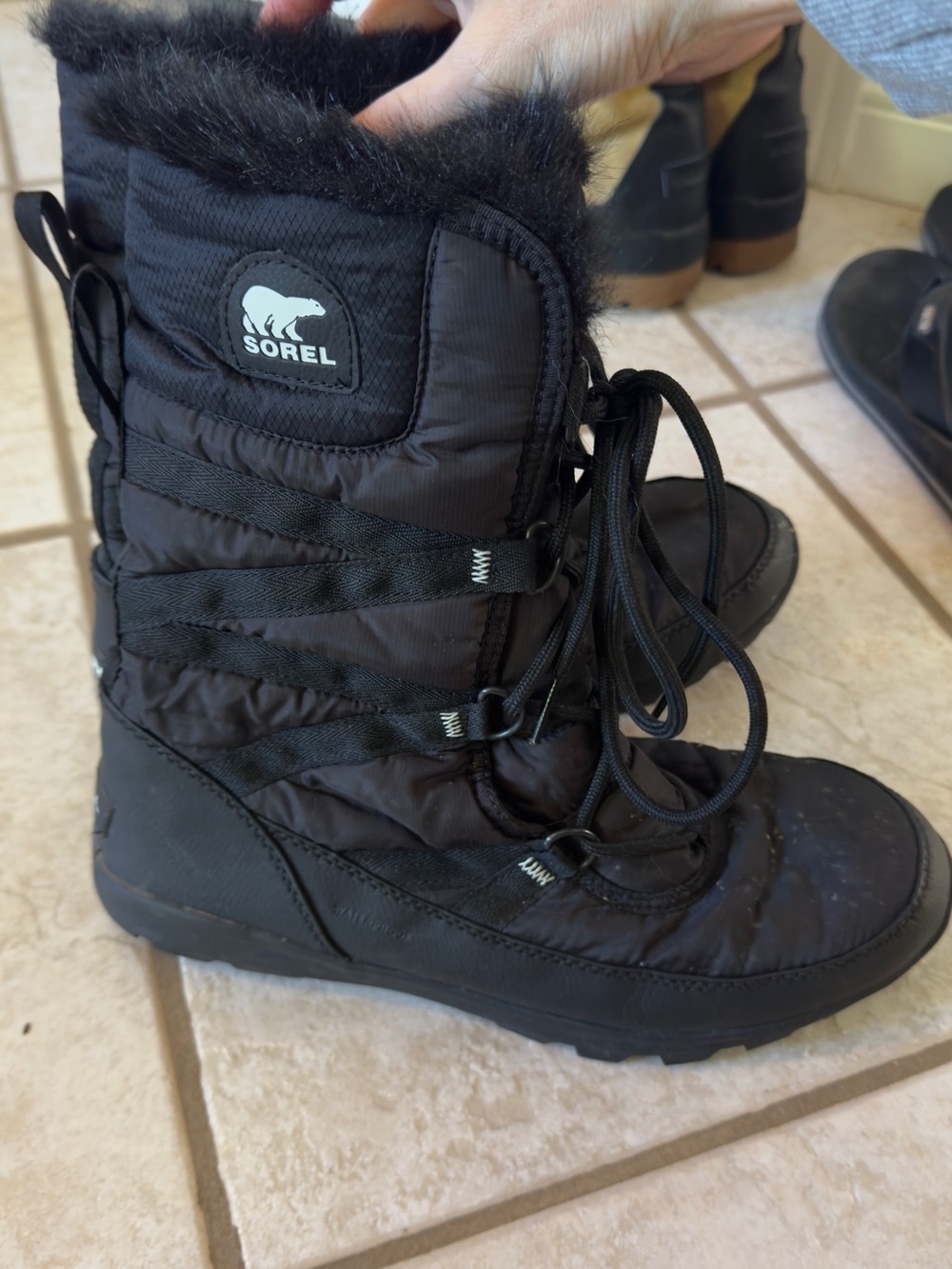 Sorel Black Quilted Lace-Up Winter Boots with Faux Fur Trim